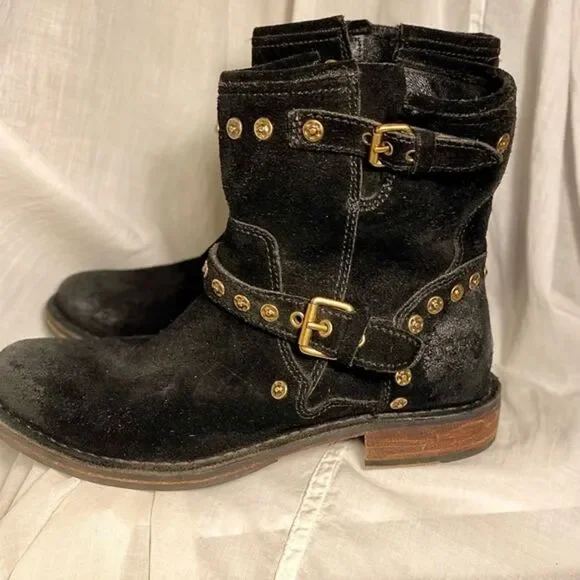 UGG Fabrizia Studded Distressed Black Suede Moto Boots 1003235 Sz 8 - Picture 2 of 13